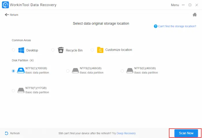 select the lost file location