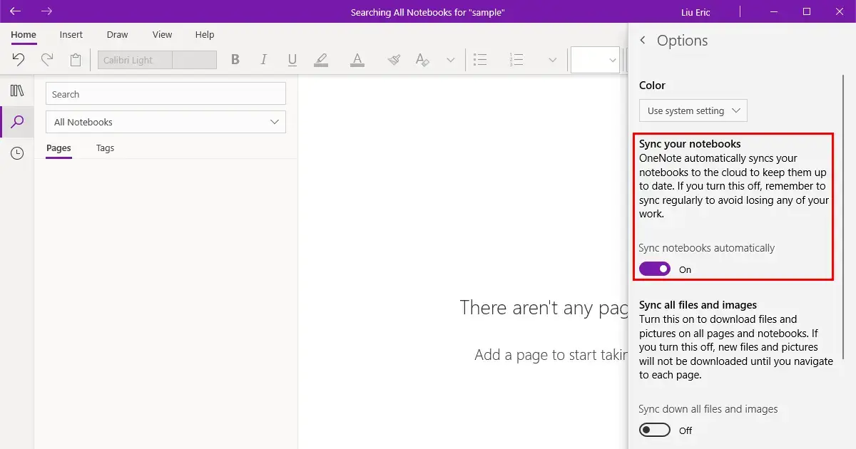 turn on sync your notebooks in onenote