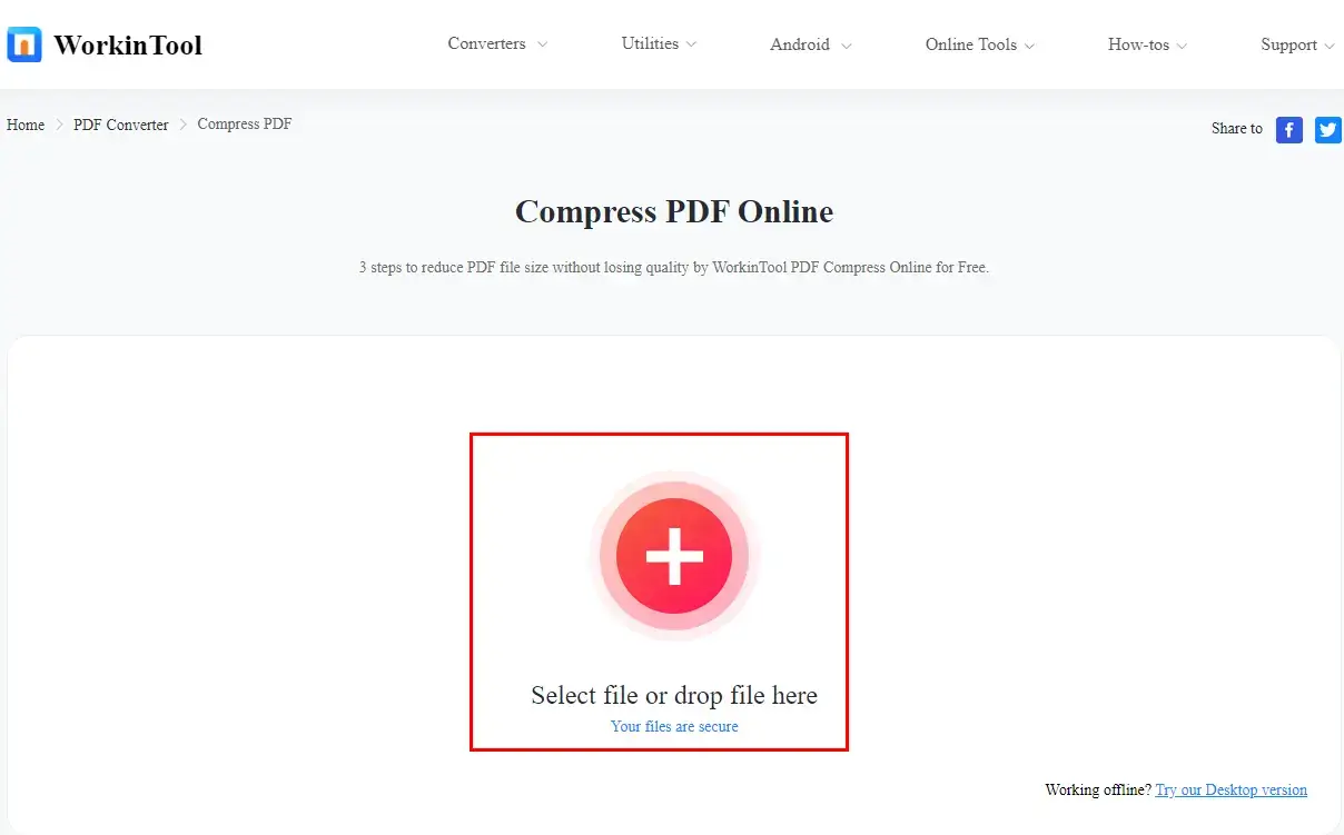 upload a pdf file under the compress pdf section of workintool pdf converter online