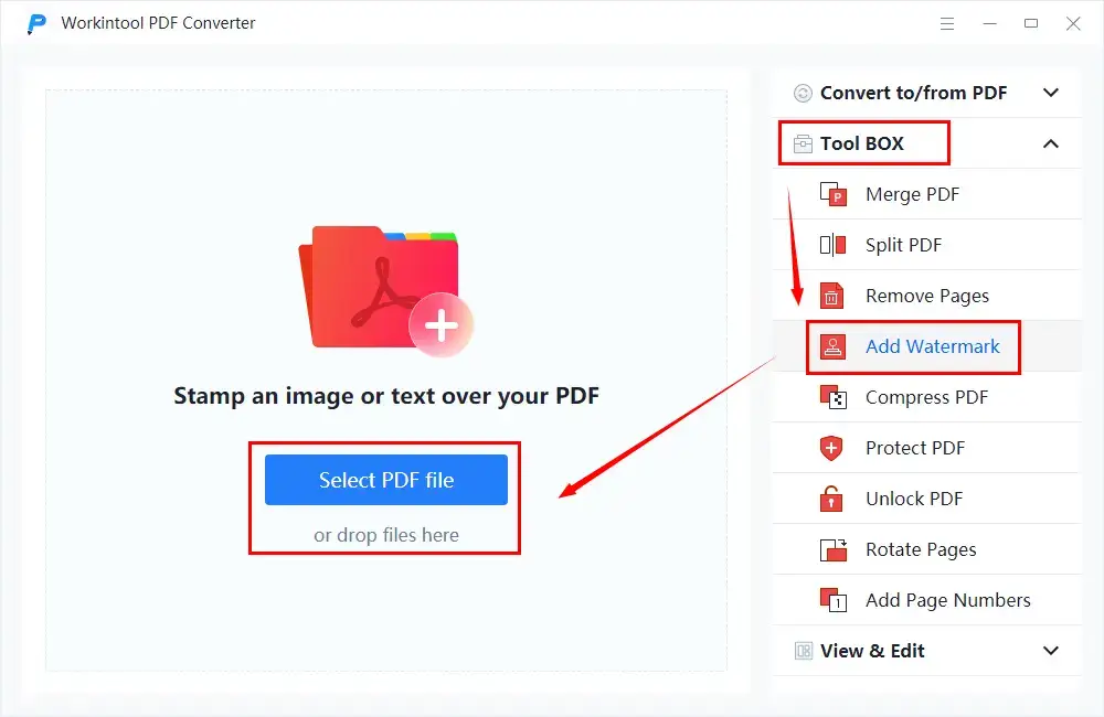 choose add watermark and upload a pdf file in workintool pdf converter