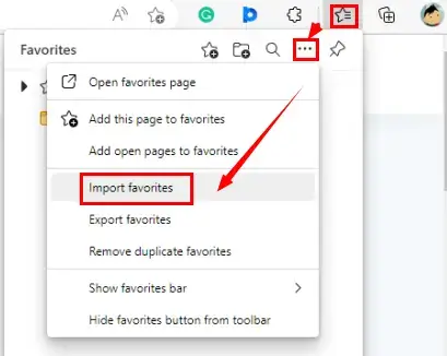 find import favorites in the favorites bar of edge