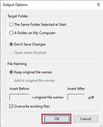 click ok in the output options window of adobe acrobat