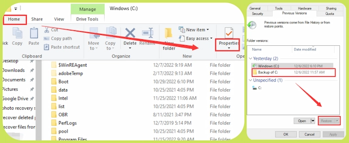 recover deleted photos with previous versions