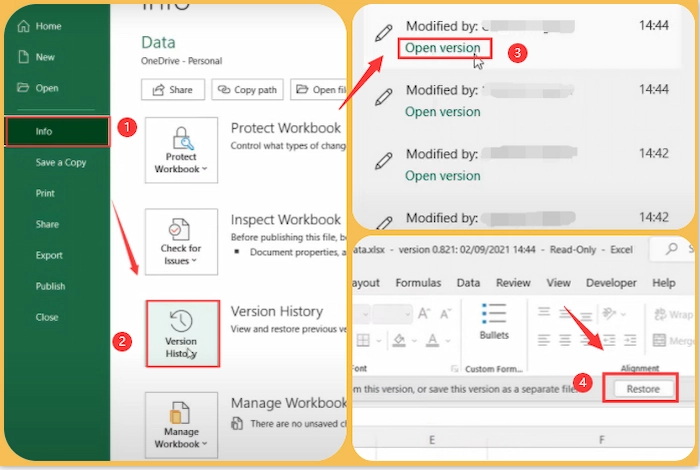 restore excel previous version with version history