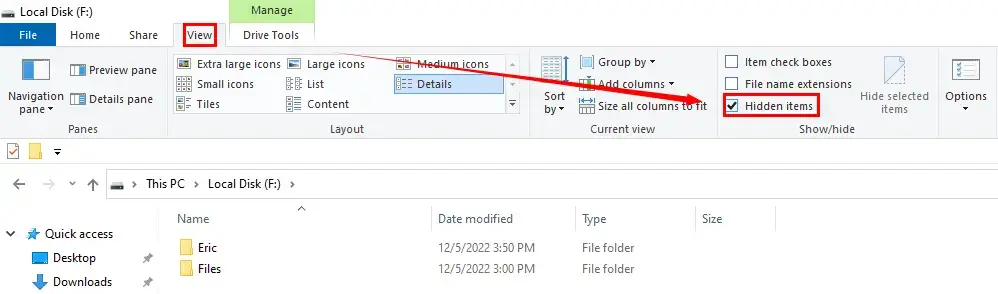 show hidden files on USB drives by file ribbon 2