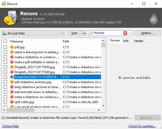 Recuva disk recovery software