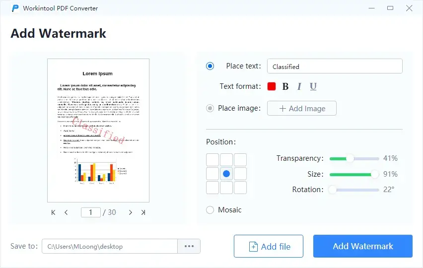 add watermark to pdf through workintool pdf converter text