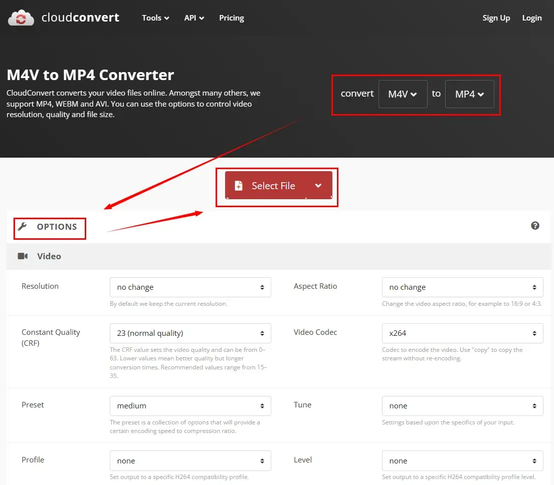 choose m4v to mp4, adjust options and upload file in cloud convert