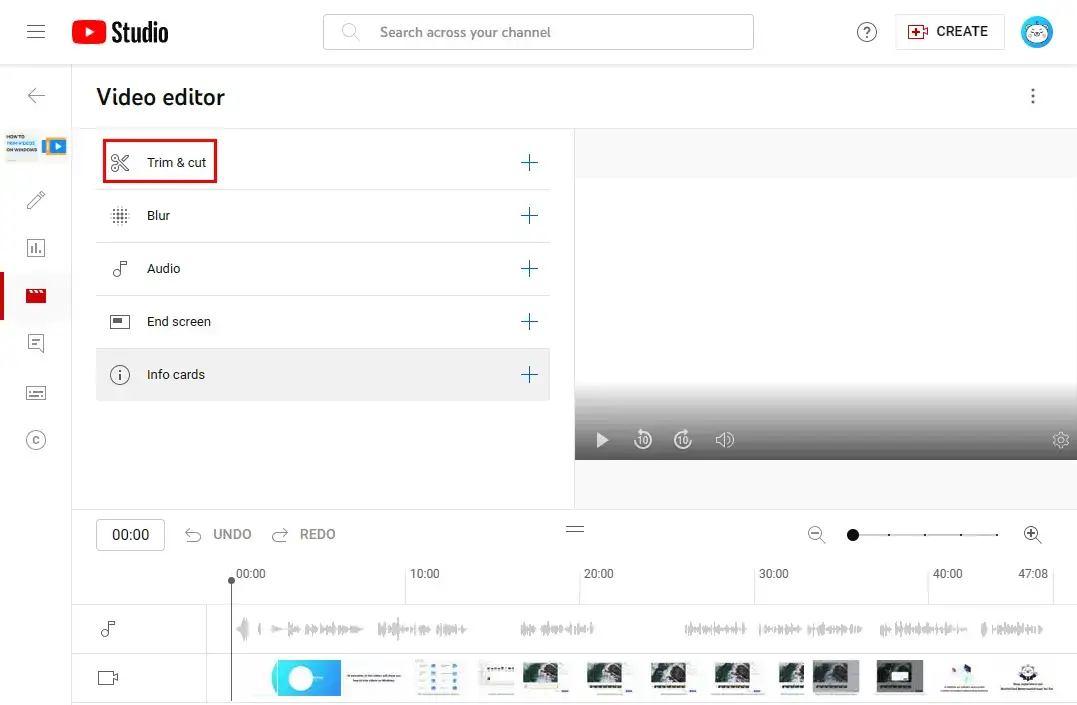 choose trim and cut in youtube editor