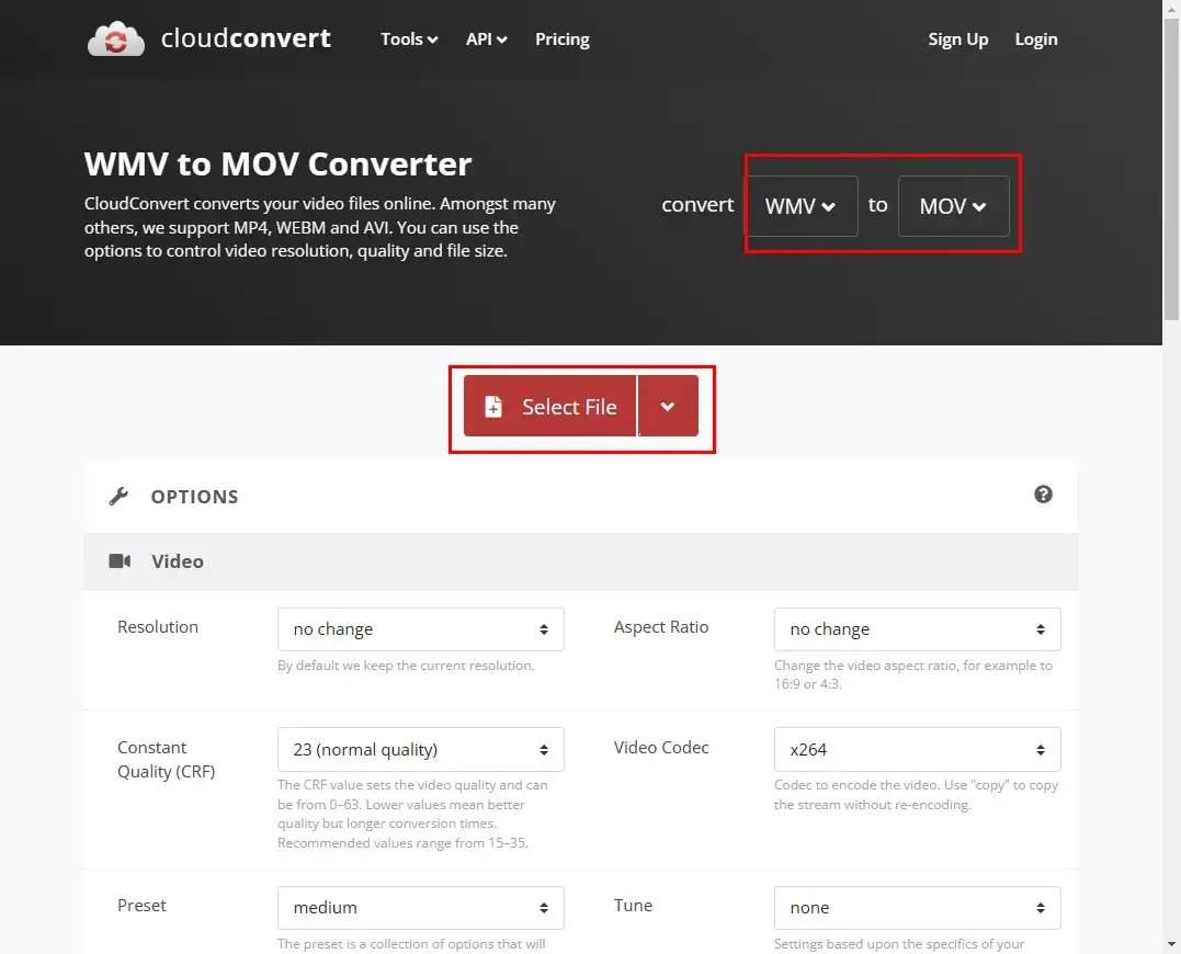 choose video formats in cloudconvert