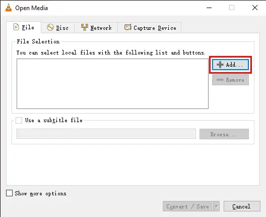 click add to upload a video in vlc