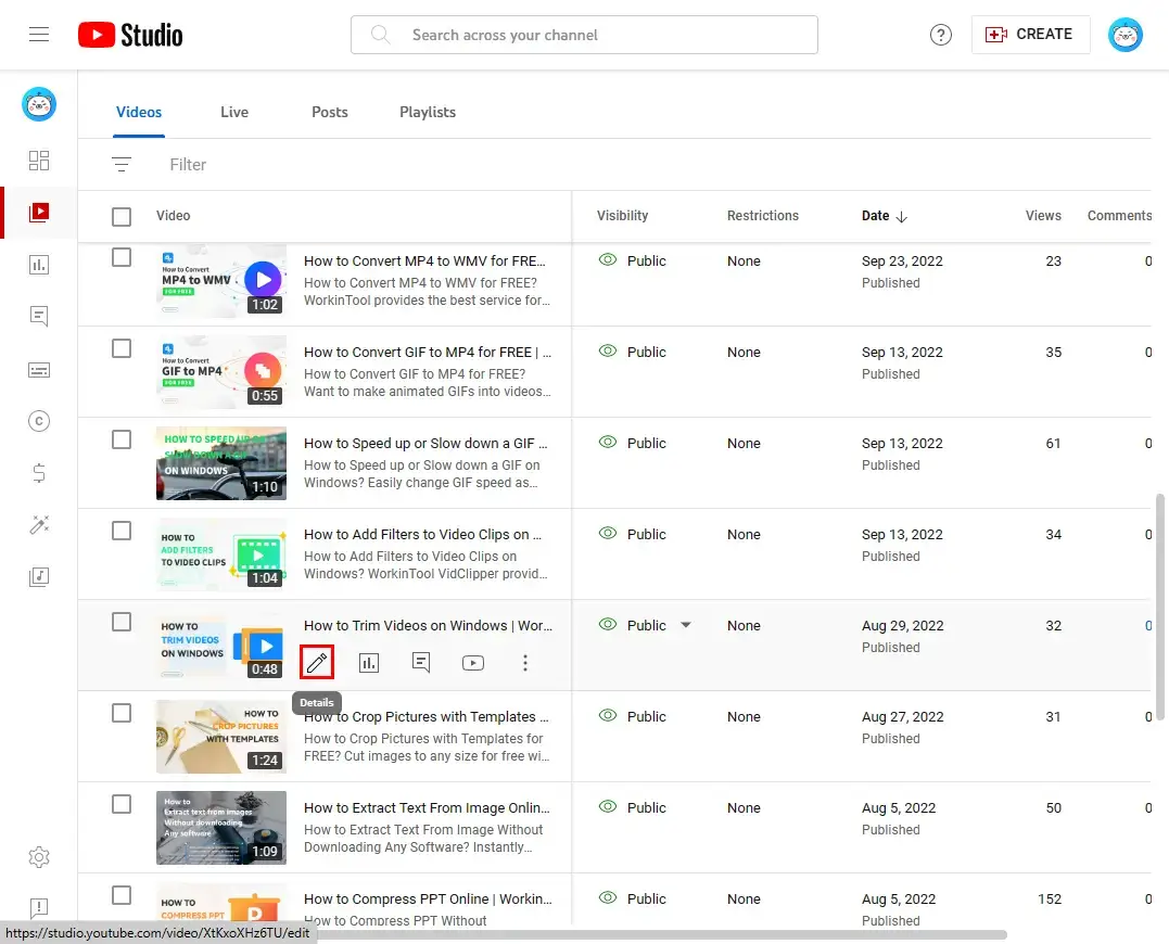 click the detail icon in youtube studio