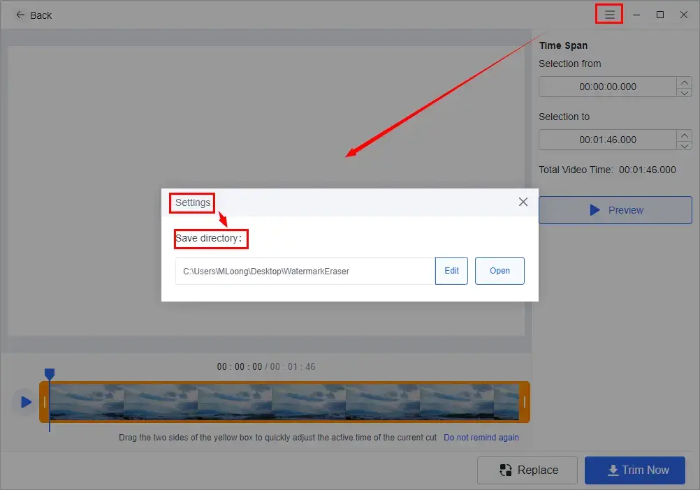 find save directory in settings of workintool watermark eraser