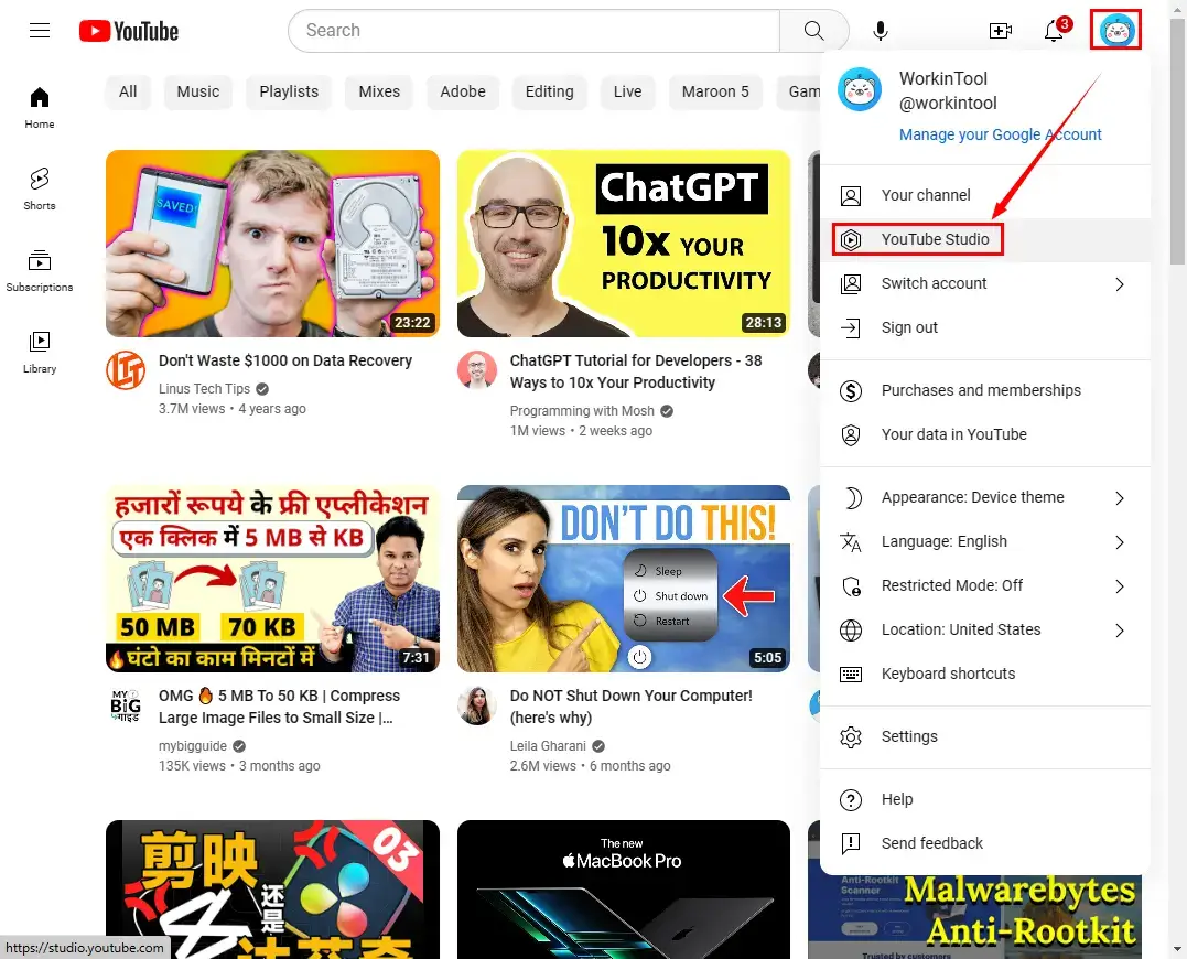 find youtube studio in your youtube account