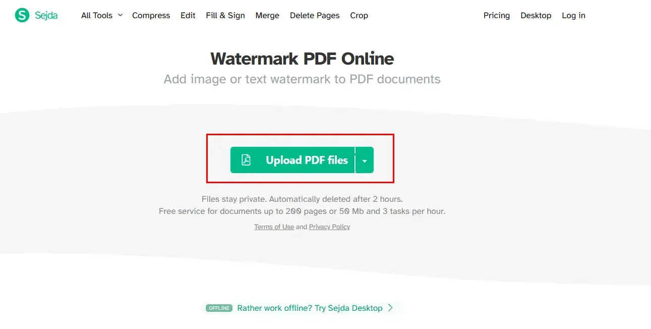 upload pdf file under the section of watermark in sejda pdf