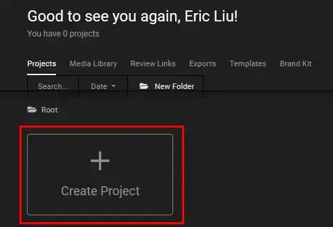 click create project to import a video in flixier online video editor