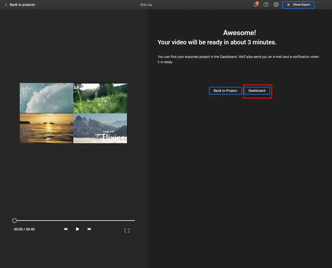 click dashbaord to export your split screen video from flixier