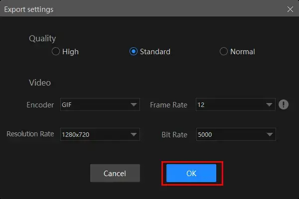 gif export settings of workintool vidclipper
