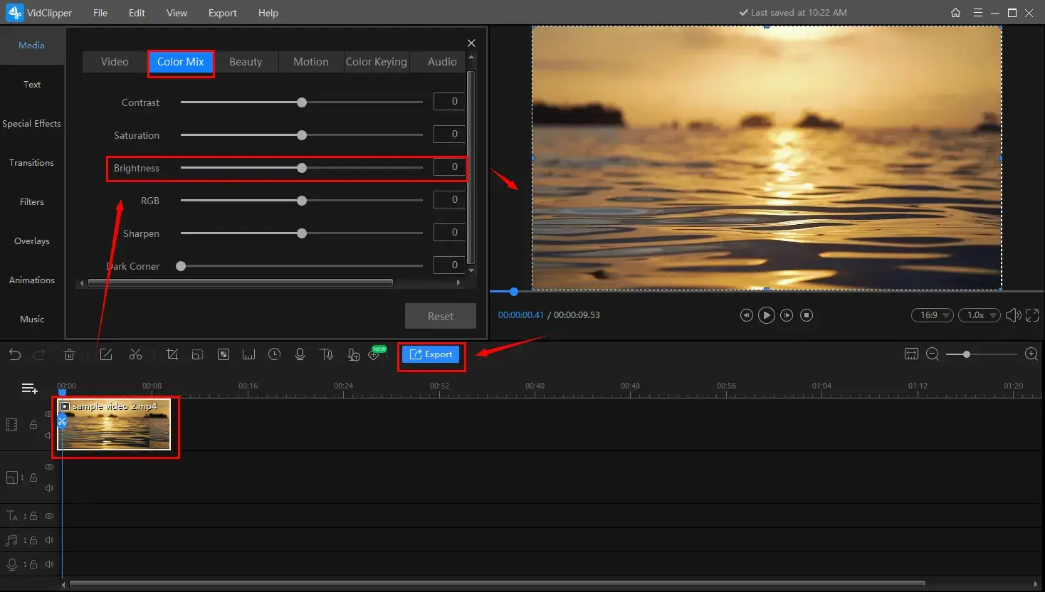 how to brighten a video via workintool vidclipper