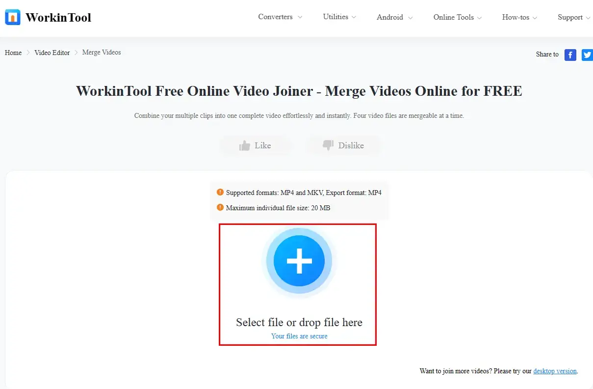 how to combine videos online with workintool online video joiner 1