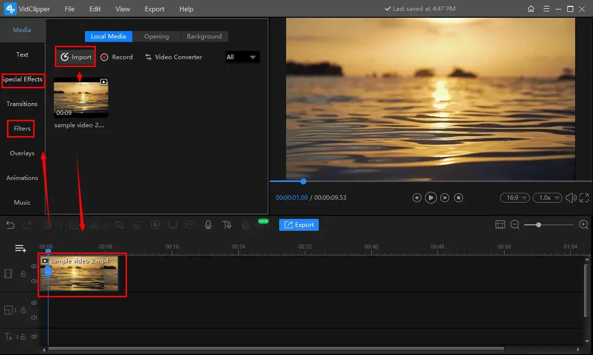 how to put a filter on a video in wokrintool vidclipper 1
