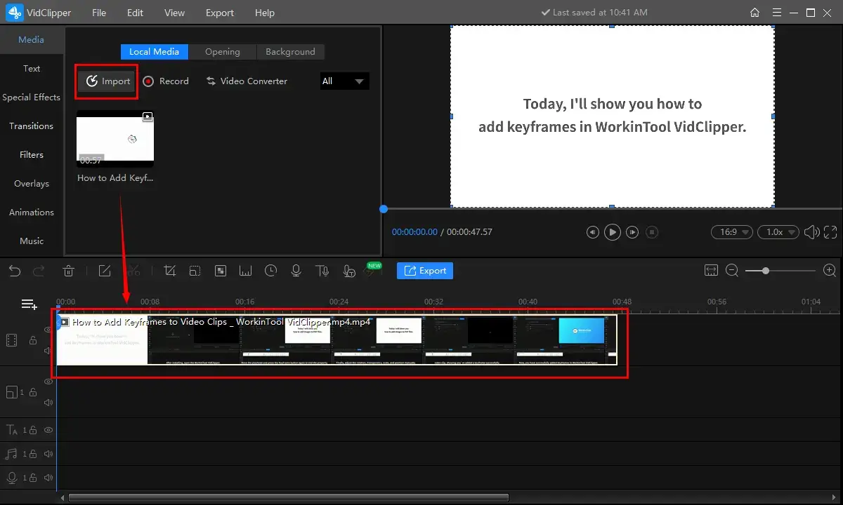 import a video to workintool vidclipper and dra it to timeline