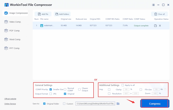 set compression paremeters in workintool
