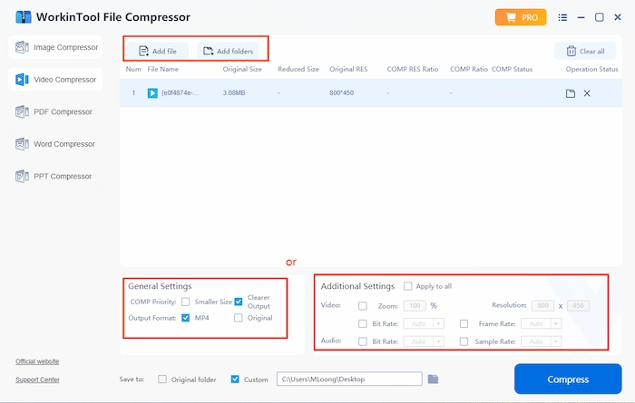 set the compress parameter in workintool