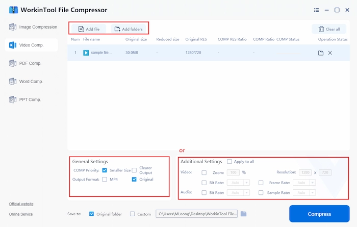 set the compress parameter in workintool