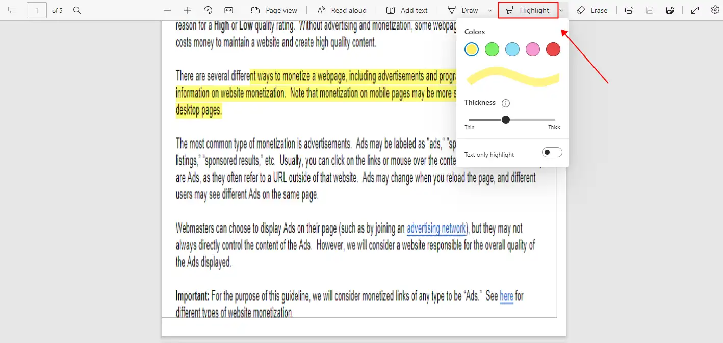 strick out pdf text in microsoft edge