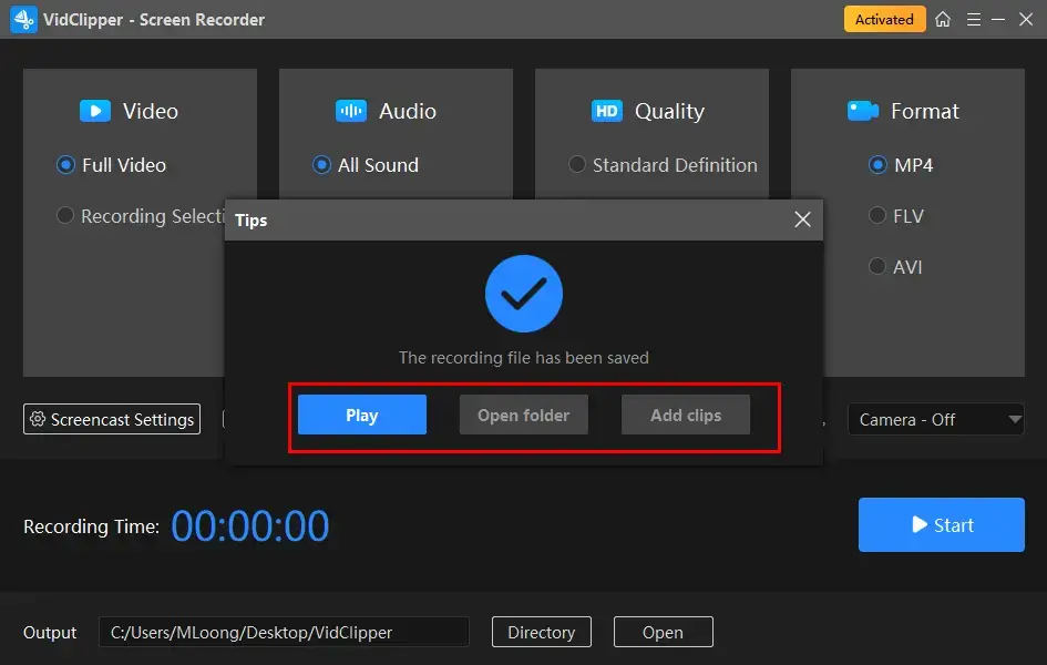 choose an operation after recording in workintool vidclipper