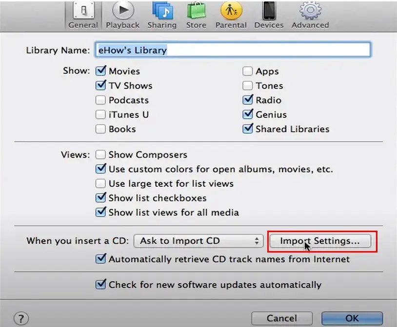 choose import settings in itunes