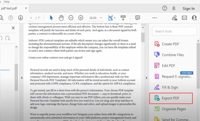 click export pdf in adobe