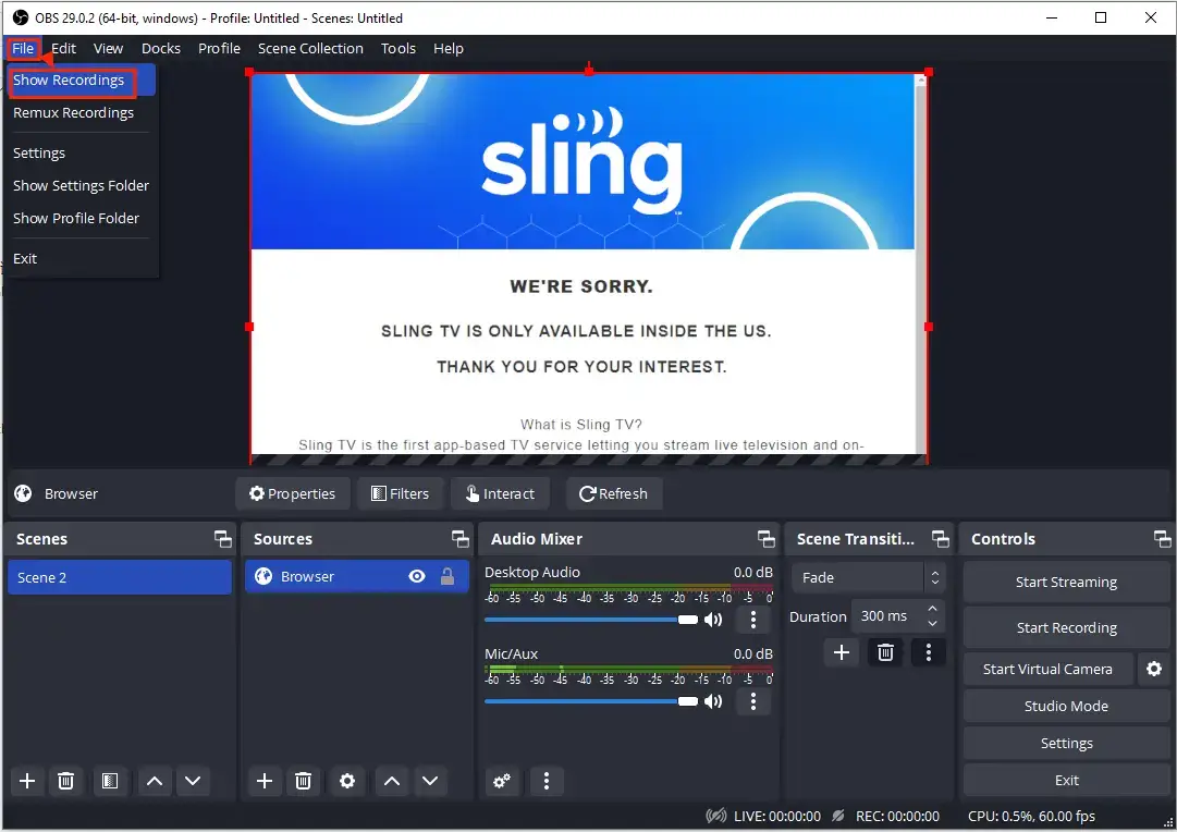 click show recordings in obs