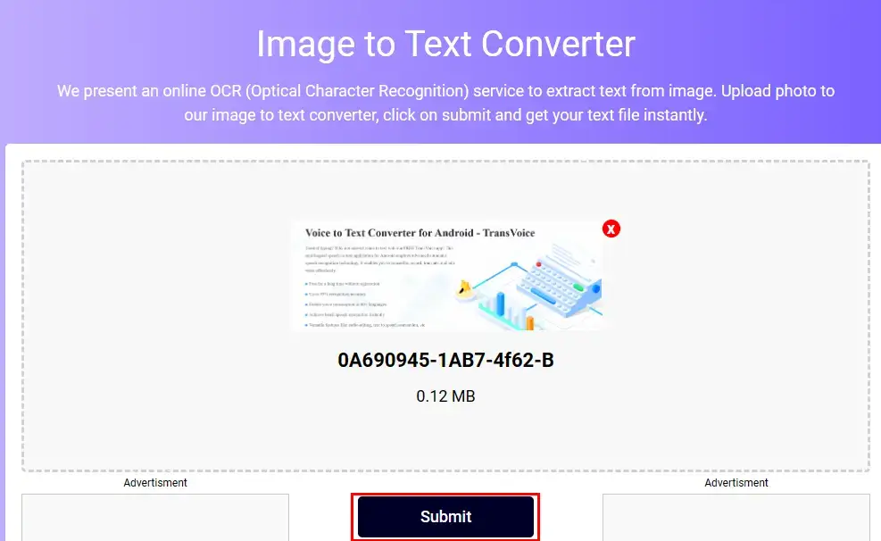 click submit to begin text extraction in image to text converter
