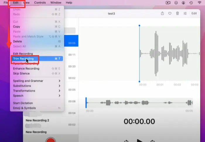 click trim recording button on mac