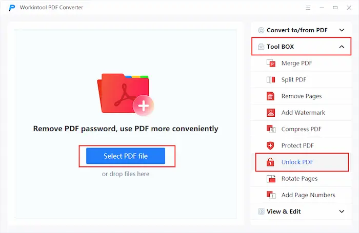 click unlock pdf button in workintool