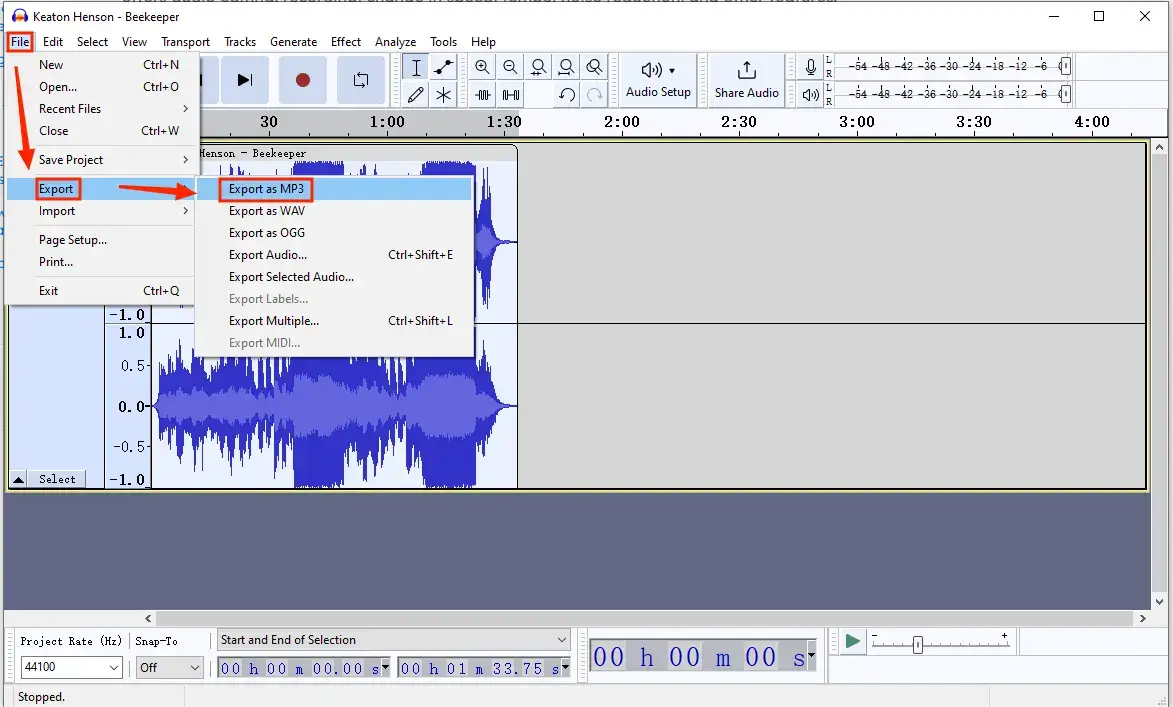 export audio as mp3 from audacity