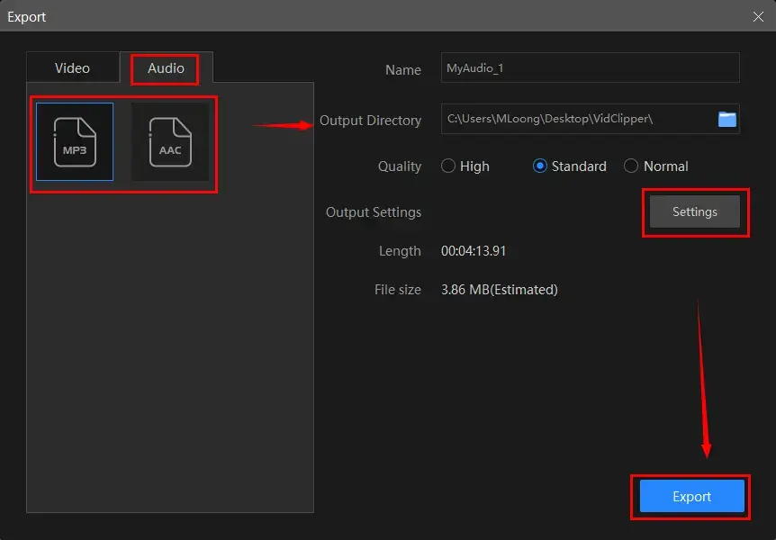 export the audio output from workintool vidclipper