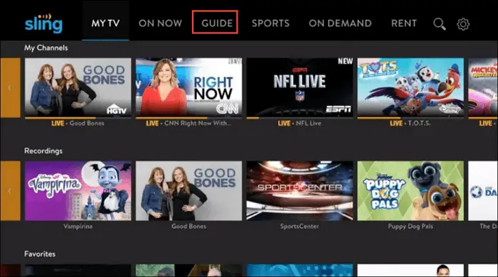 find guide in sling tv