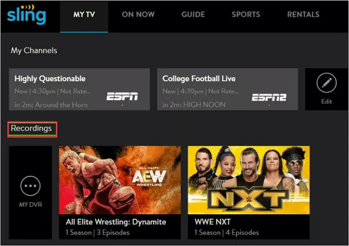 find recordings in sling tv