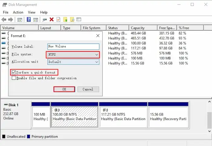 format raw to ntfs disk management