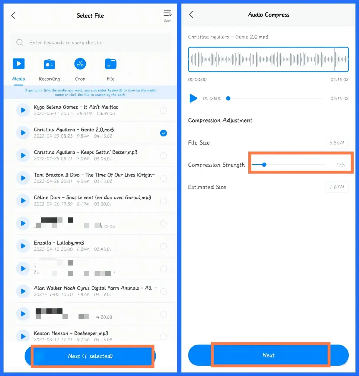 how to compress audio files on android through workintool transvoice