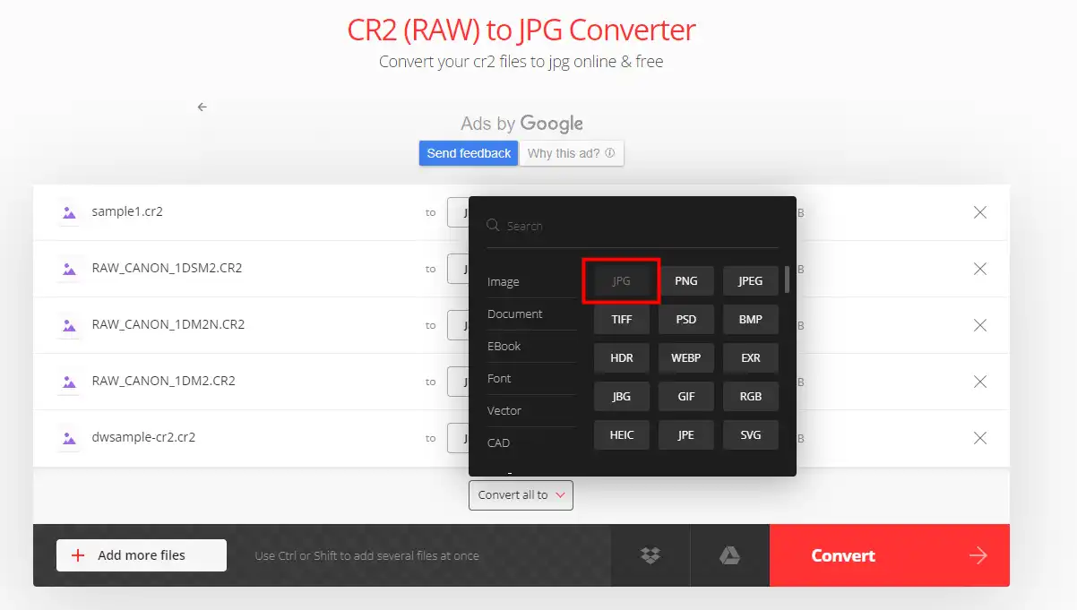 how to convert cr2 to jpg online