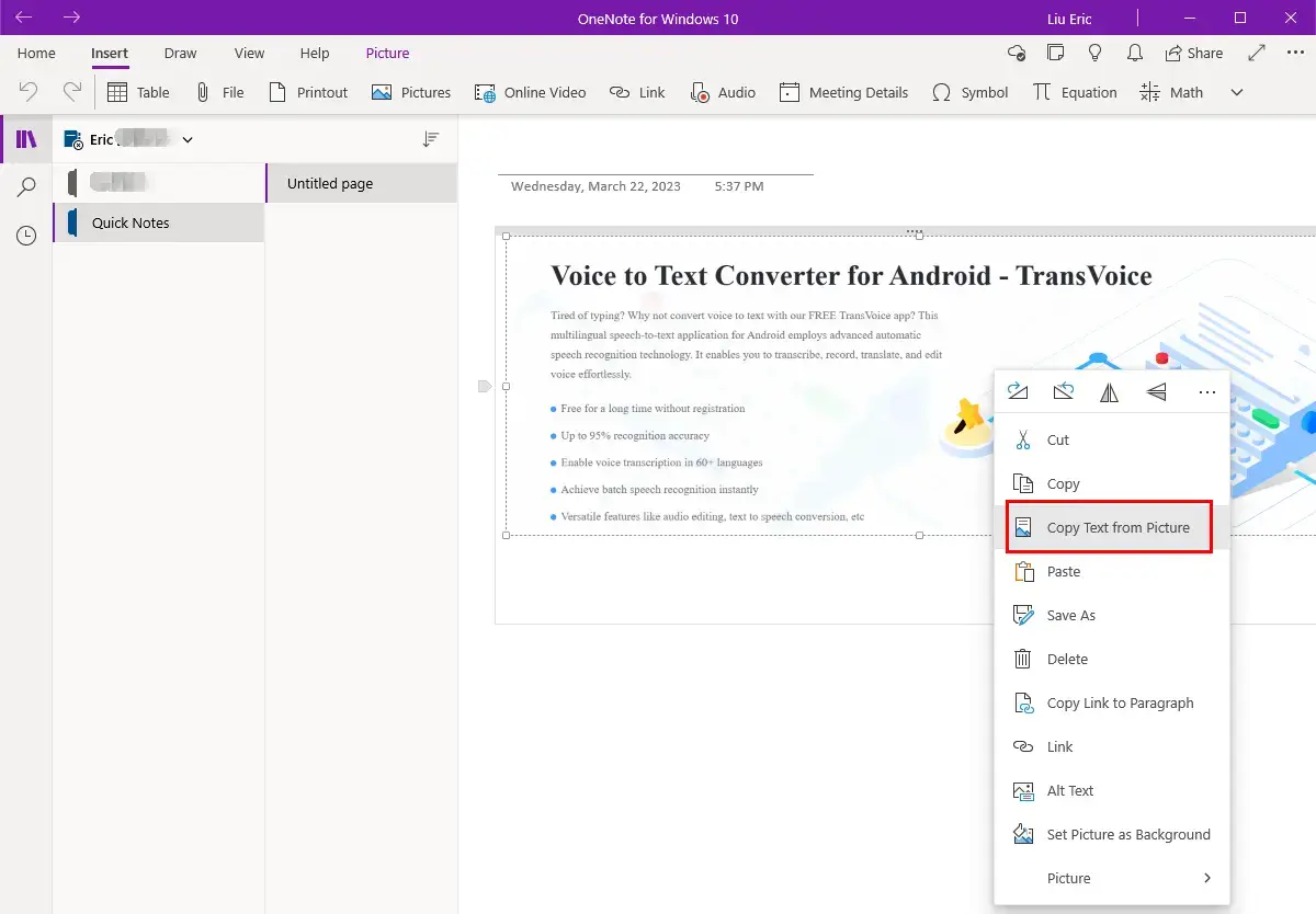 how to extract text from an image in onenote on windows