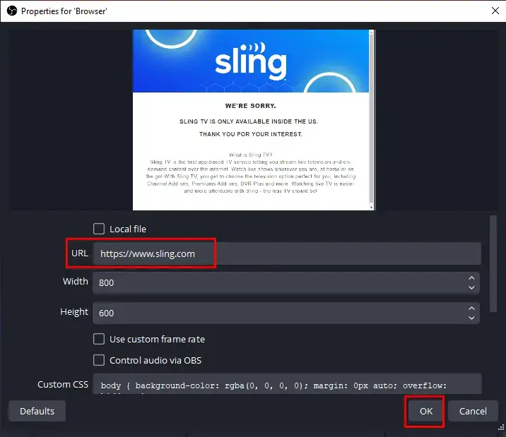 how to record sling tv in obs browser mode