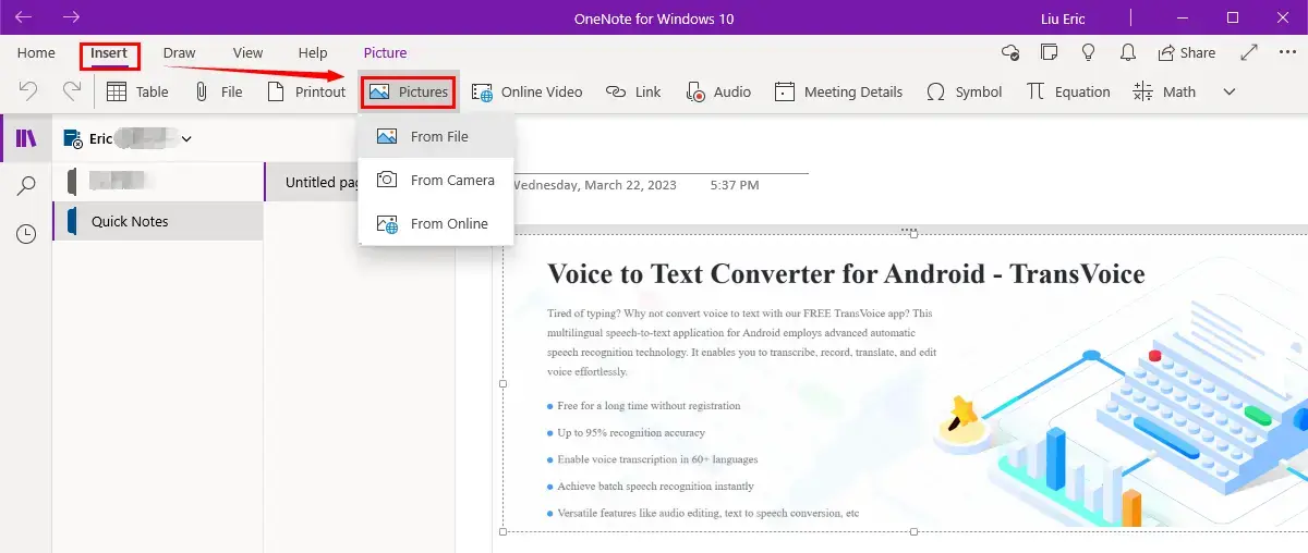 import a picture to onenote