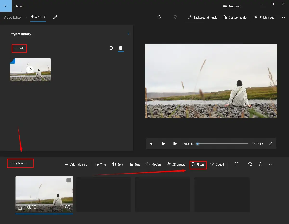 import a video and choose filters in video editor