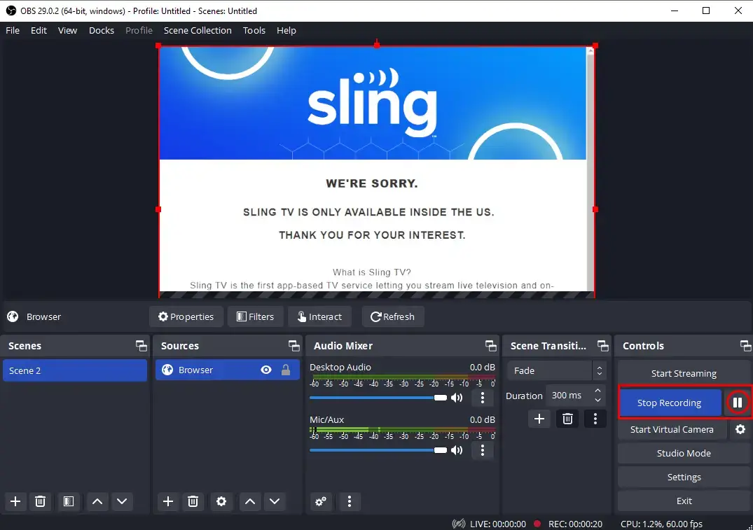 pause and stop recording sling tv in obs