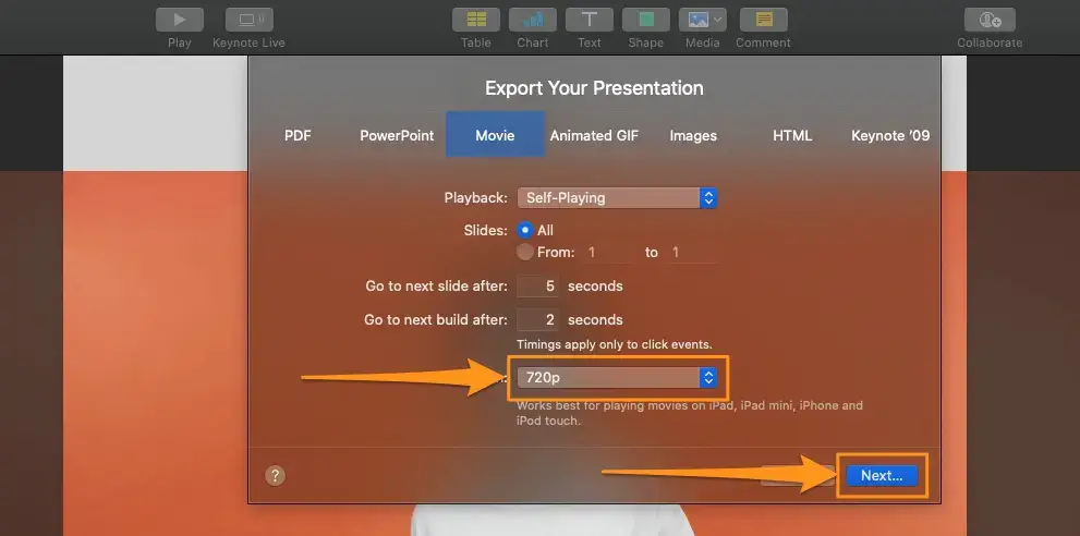pick the resolution and click next in imovie